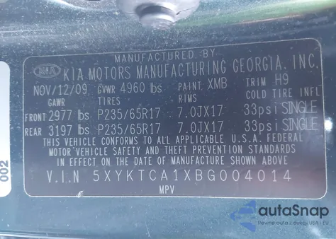 2011 Kia Sorento Lx from USA, damaged, VIN 5XYKTCA1XBG004014